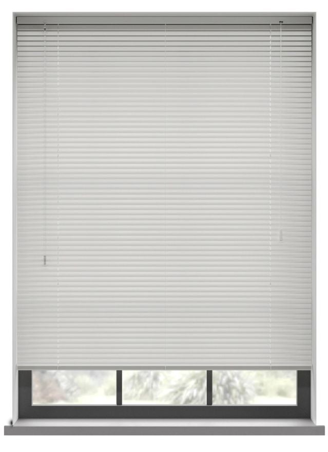 A white coloured aluminium blind in a kitchen window