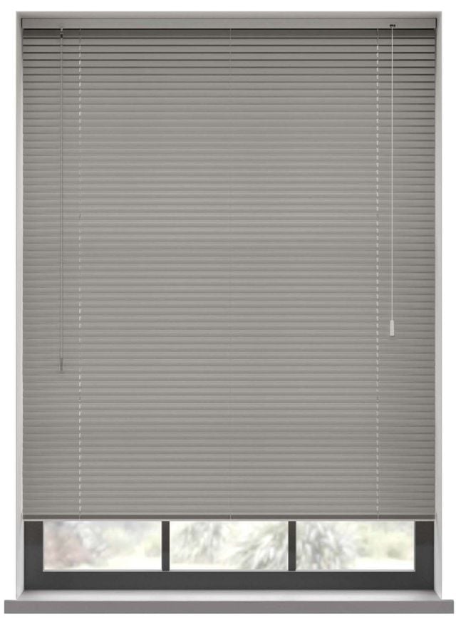 A grey aluminium blind in a bathroom window