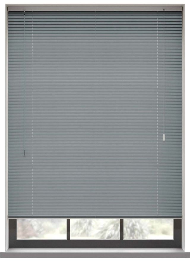 A dark aluminium blind in the bathroom window