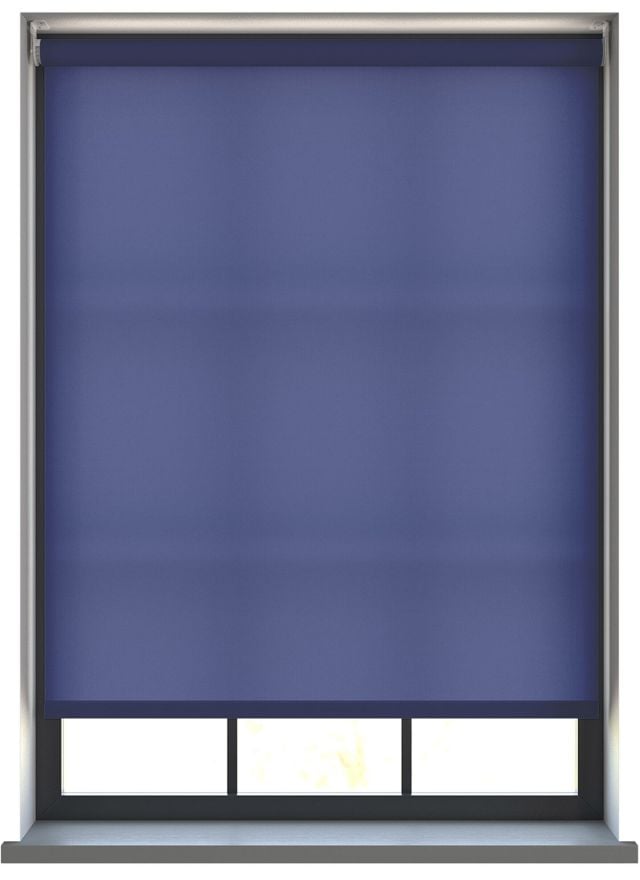Our Burst Navy Blue dimout roller blind in the living room.