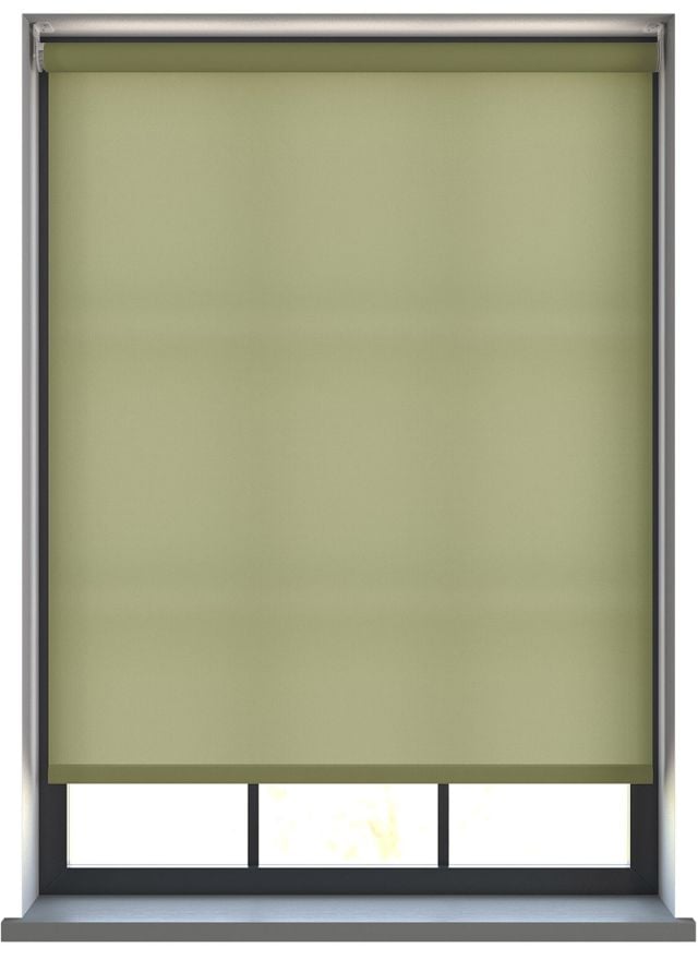 A green dimout roller blind in a window